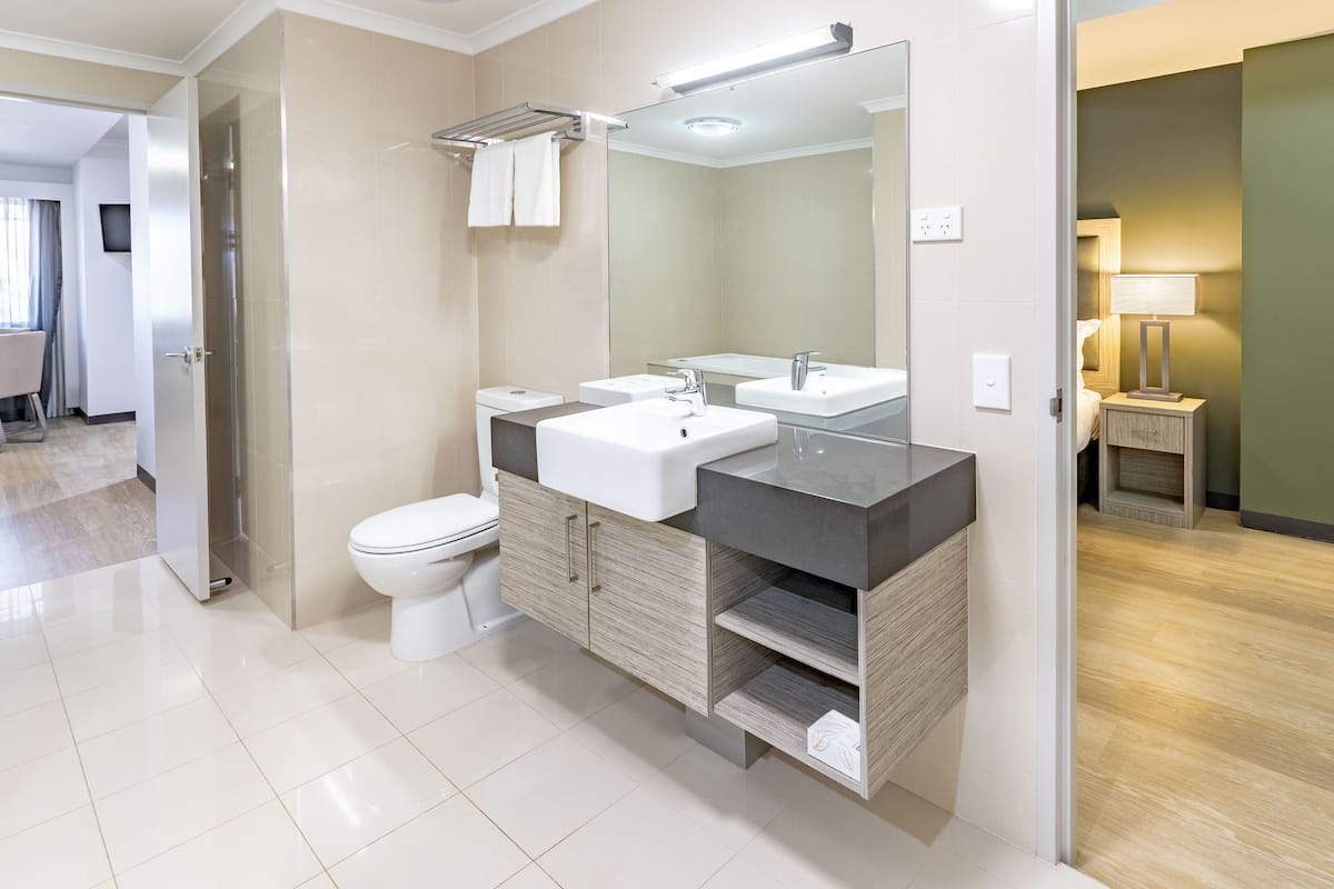 deluxe room, 1 king bed with sofa bed | bathroom | shower, hair dryer, towels, soap