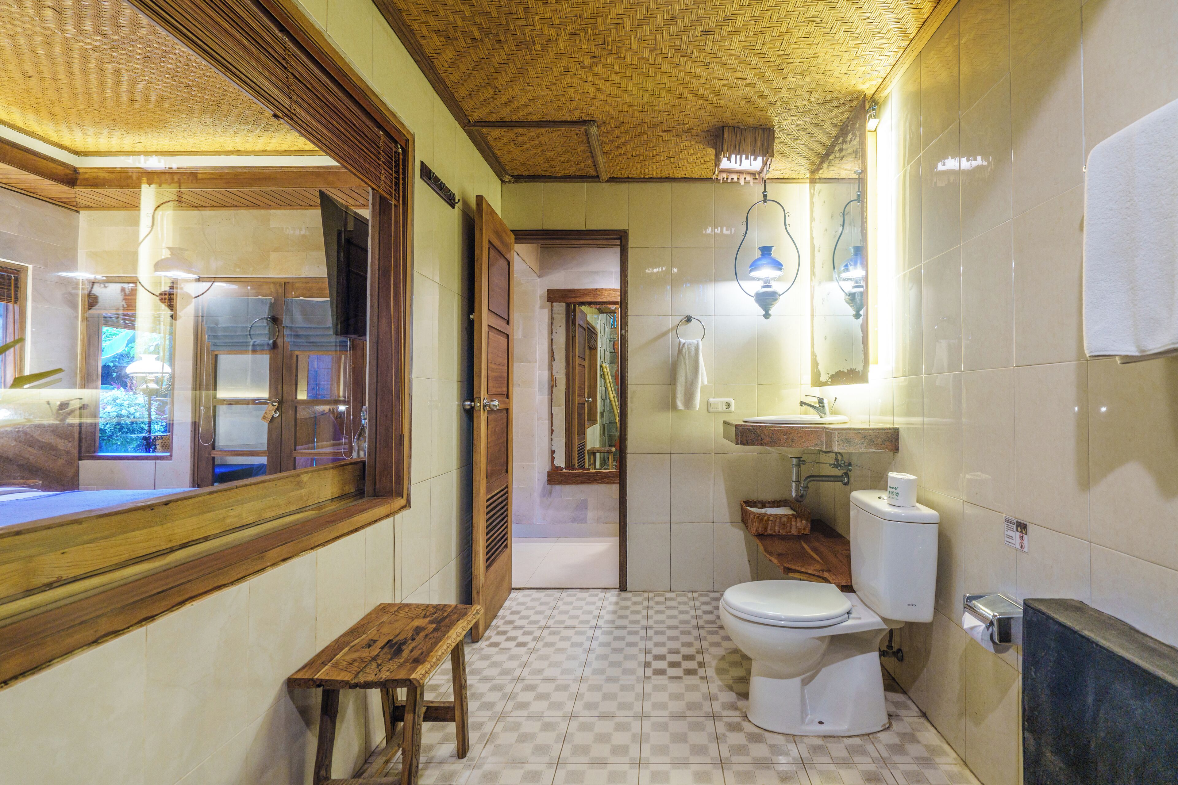 family room | bathroom | separate bathtub and shower, hair dryer, towels