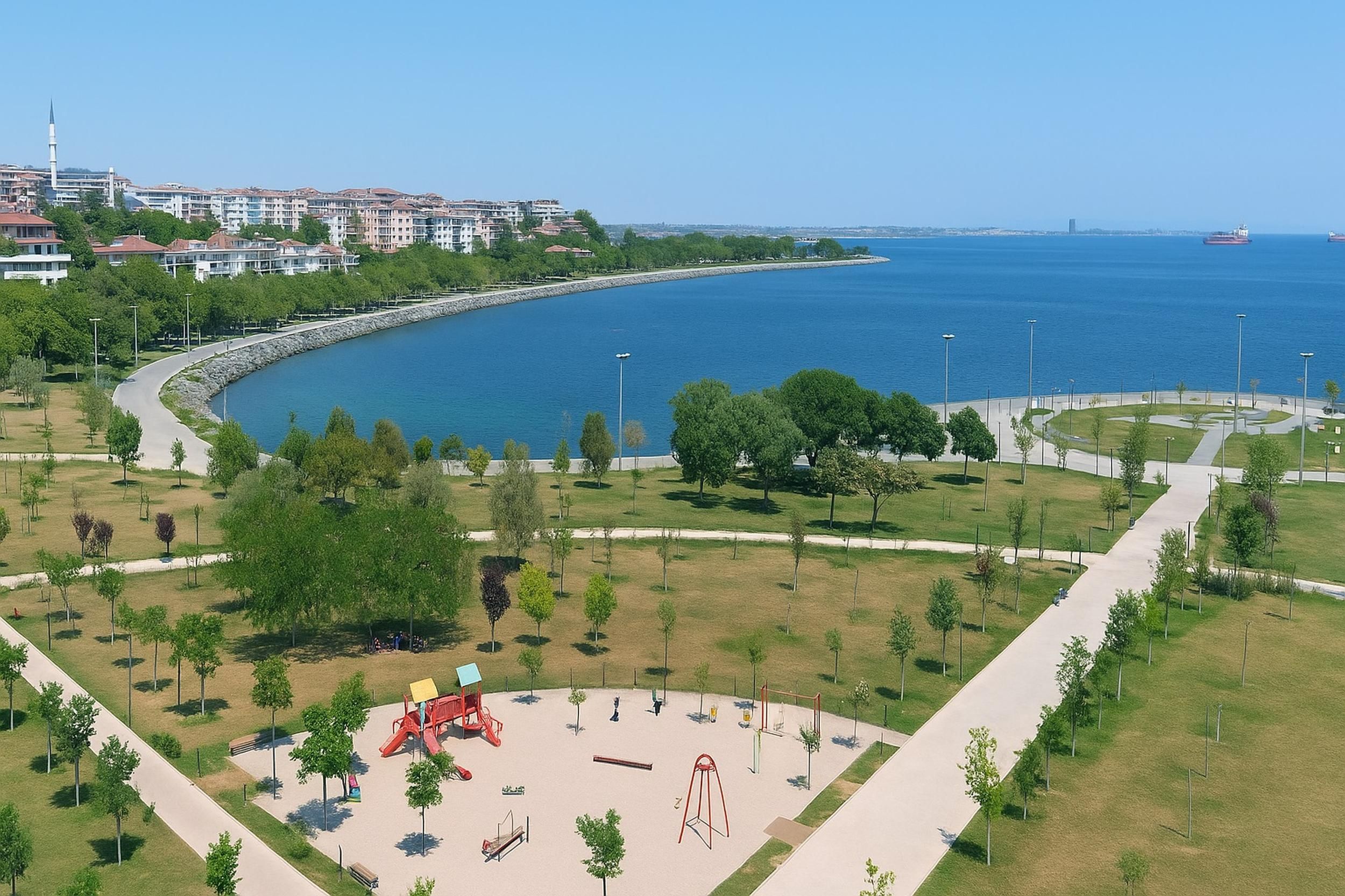 A coastal park with playground equipment, walking paths, and a view of the sea.