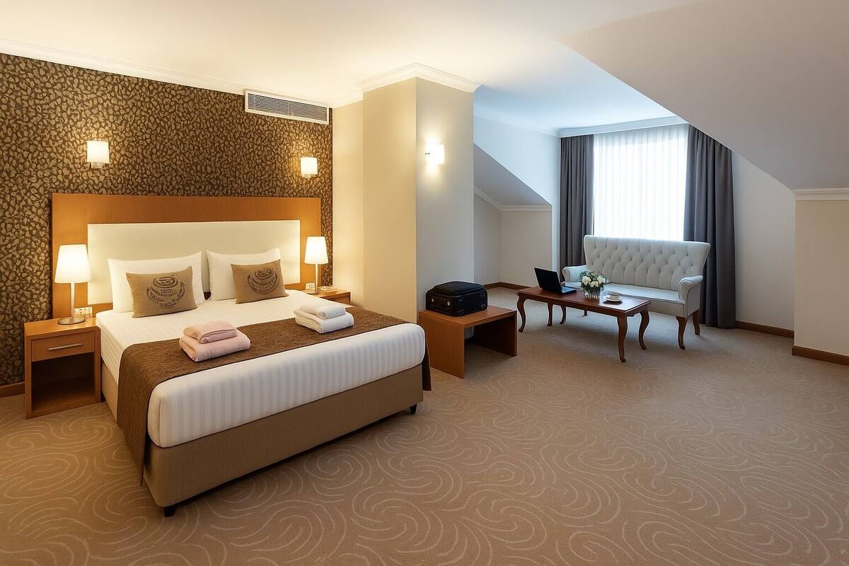 A hotel room with a large bed, a desk, a chair, and a window with curtains.