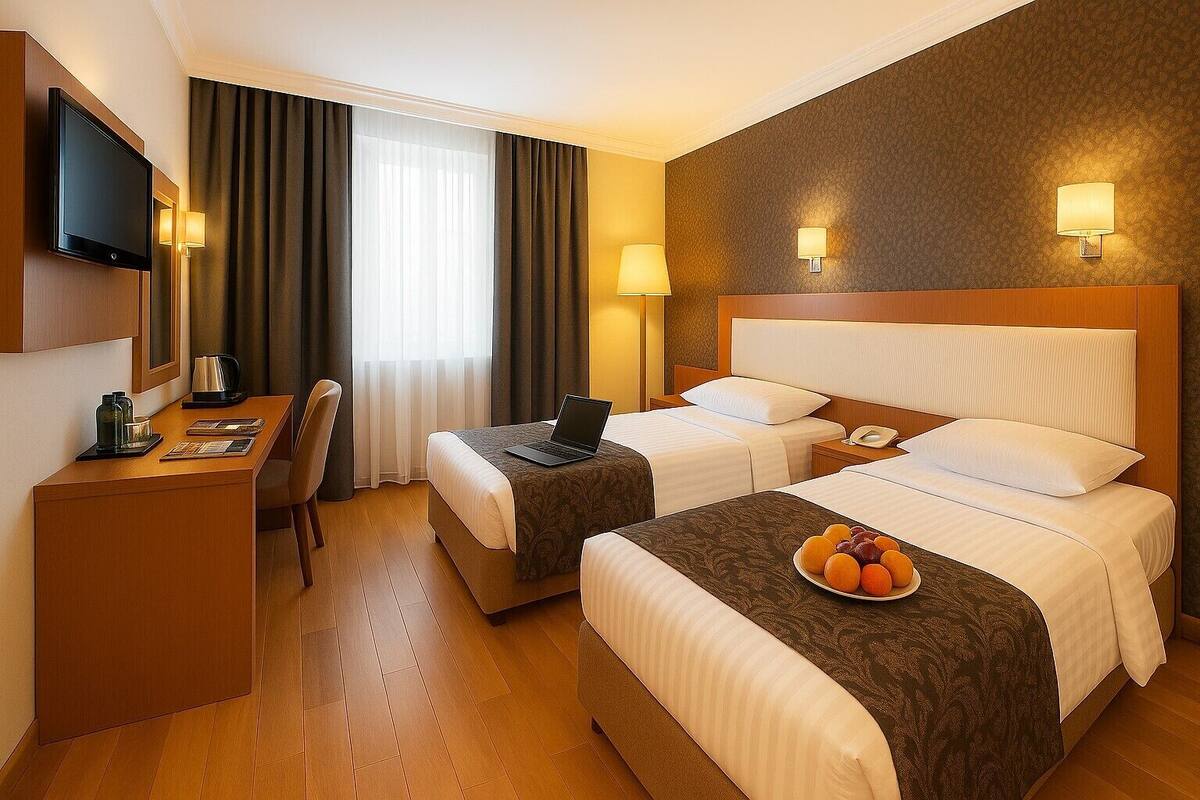 A hotel room with two beds, a desk with a laptop, a coffee maker, and a fruit bowl on the bedside table.