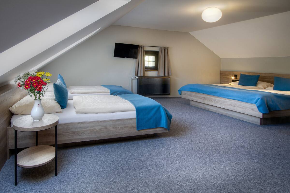 Ein modernes Hotelzimmer mit zwei Betten, einem kleinen Tisch mit Blumenvase, einem an der Wand montierten Fernseher und einem Fenster mit Vorhängen.