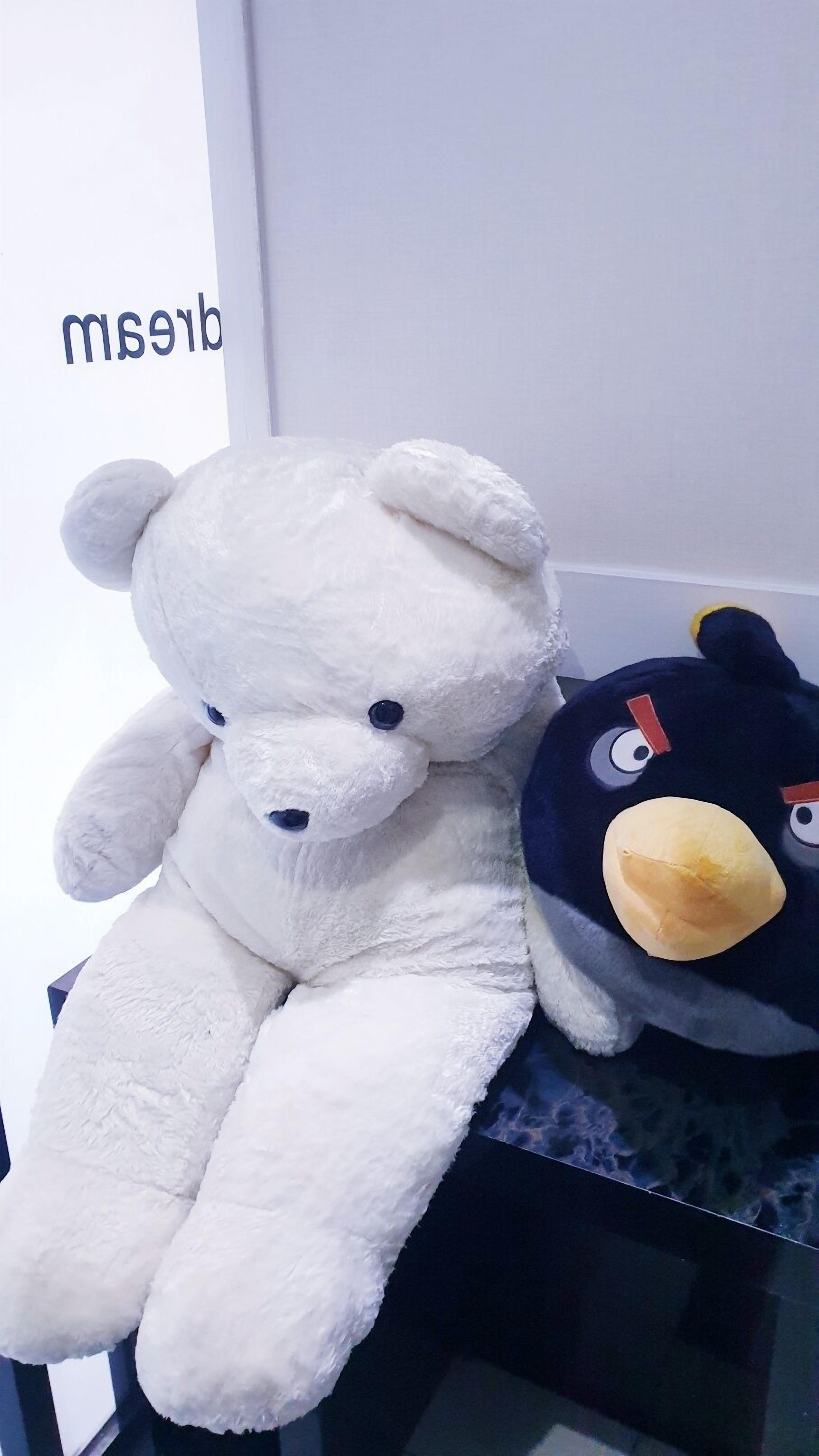 A white plush teddy bear and a black plush bird toy on a shelf.