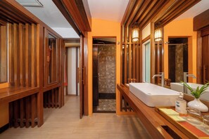 River View Onsen Villa | Bathroom | Shower, designer toiletries, hair dryer, bathrobes