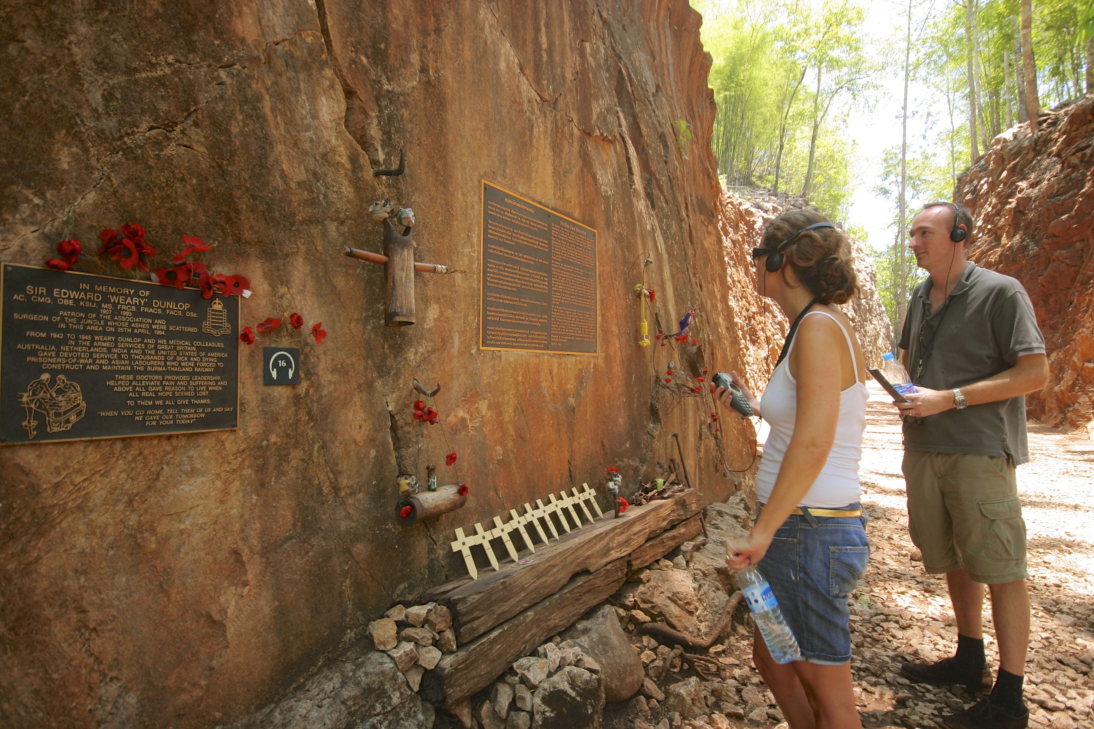 A historical plaque on a rock wall with a wooden fence and scattered red flowers.