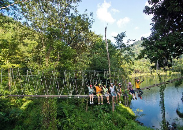 A group of people on a rope bridge over a river in a forested area.