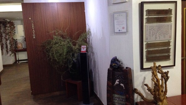 Un pasillo con una puerta de madera que dice "ELEVATOR", una planta en maceta, un certificado enmarcado y un adorno que parece una rama de árbol.