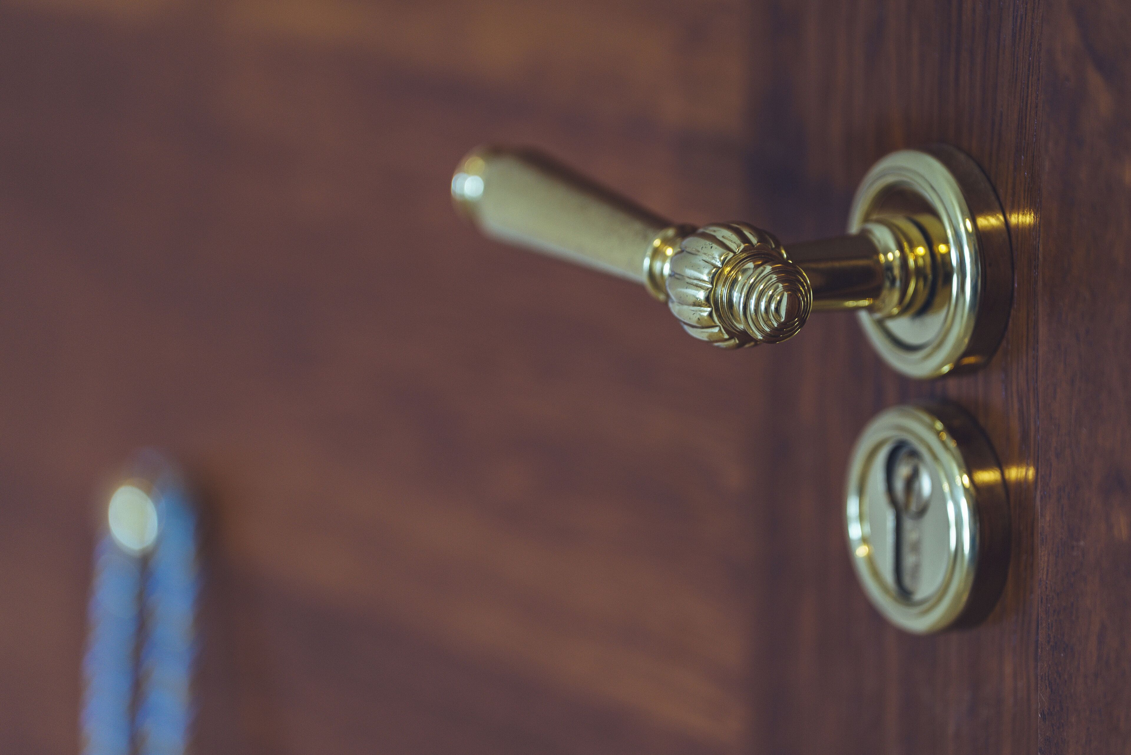 A door handle with a round keyhole and a decorative knob.