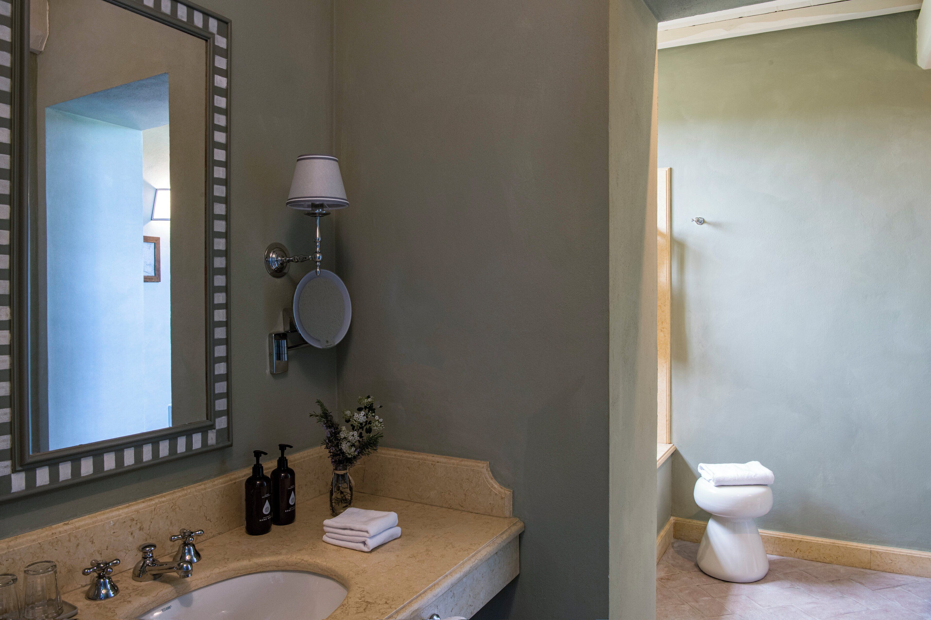 A bathroom with a sink, mirror, and toilet.