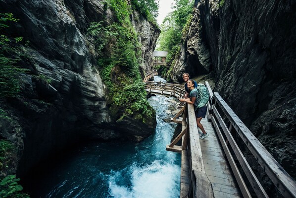 A wooden bridge over a river in a rocky canyon with greenery on the sides.