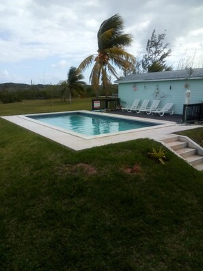 A rectangular swimming pool with a tiled edge, surrounded by a grassy area. There are white lounge chairs aligned against a light blue building with a roof. - Greenwich Creek Lodge (Deadmans Cay)