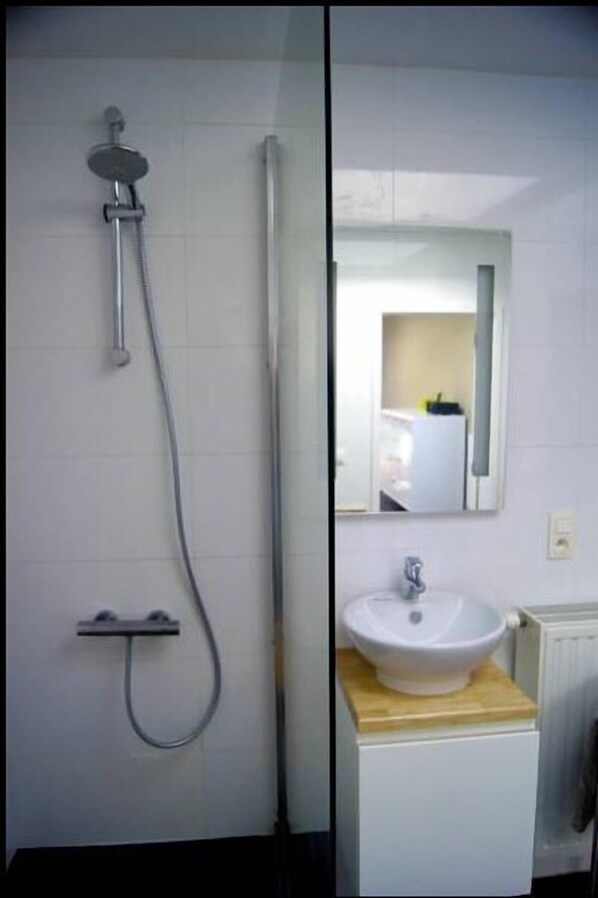 A bathroom with a shower, a sink, and a mirror.