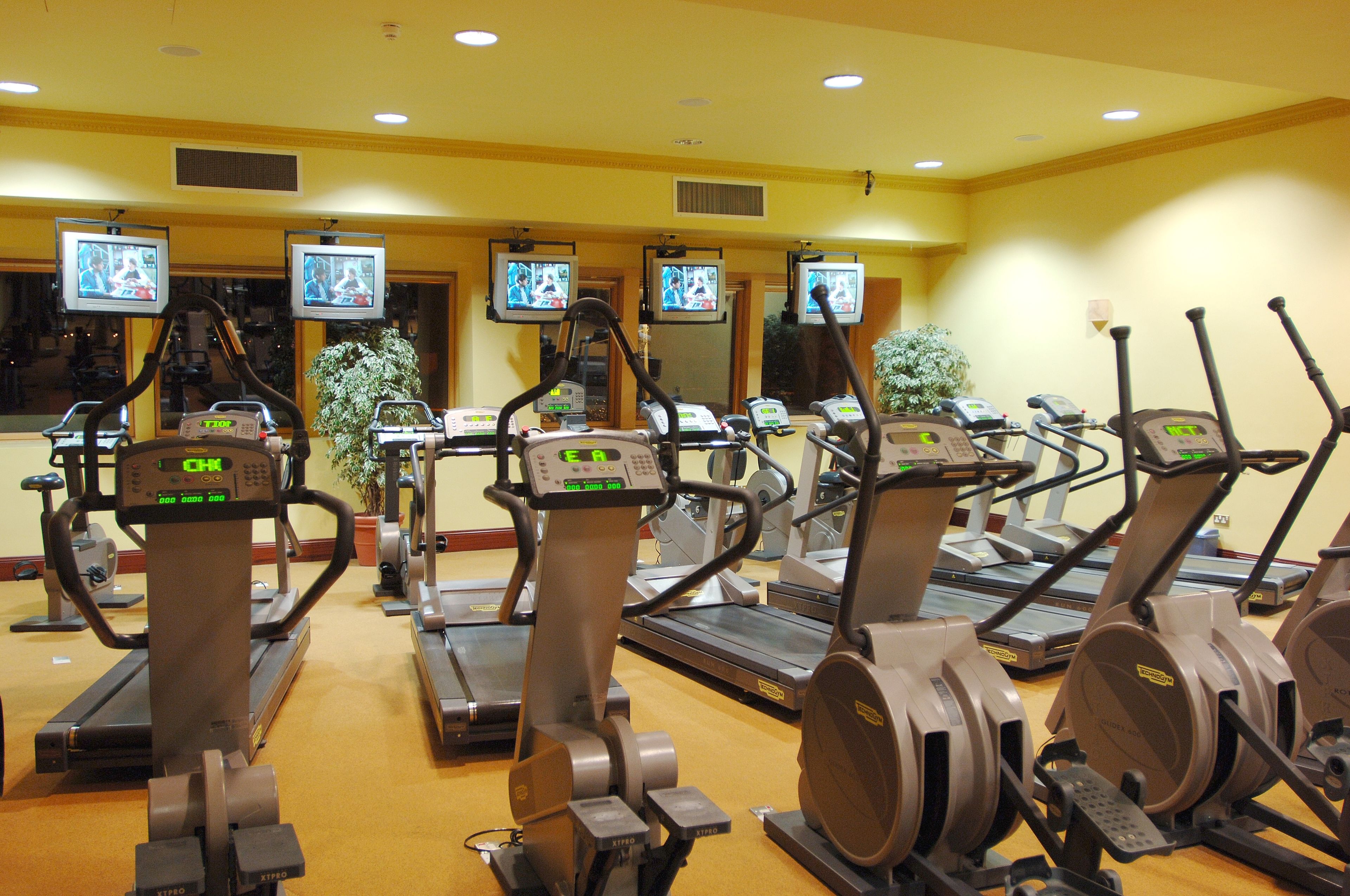 Une salle de sport équipée de plusieurs tapis de course et vélos d’appartement, chacun doté d’un écran numérique.