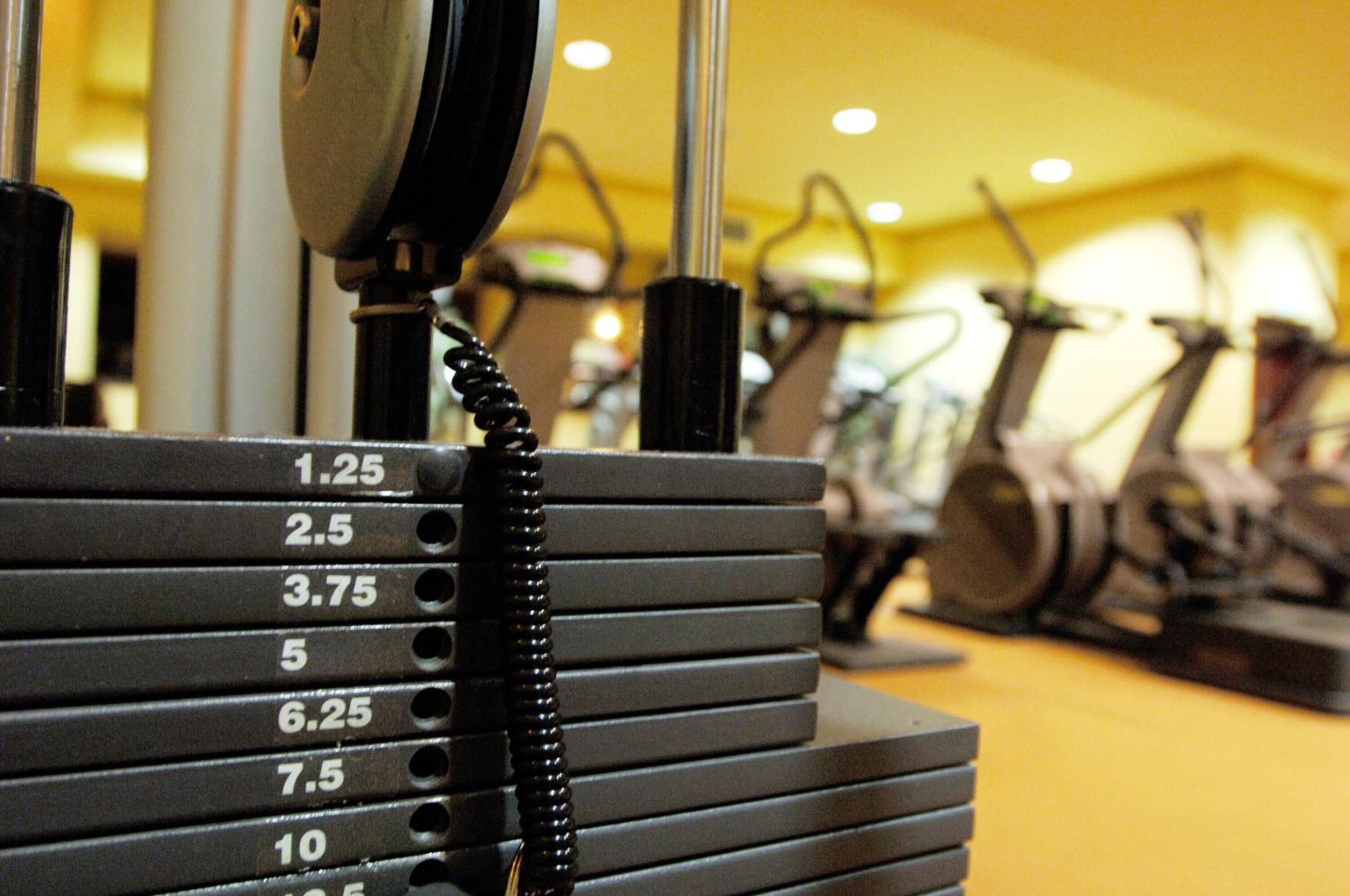 A row of stationary bikes with a coiled cable and a dial marked with numbers from 1.25 to 10.