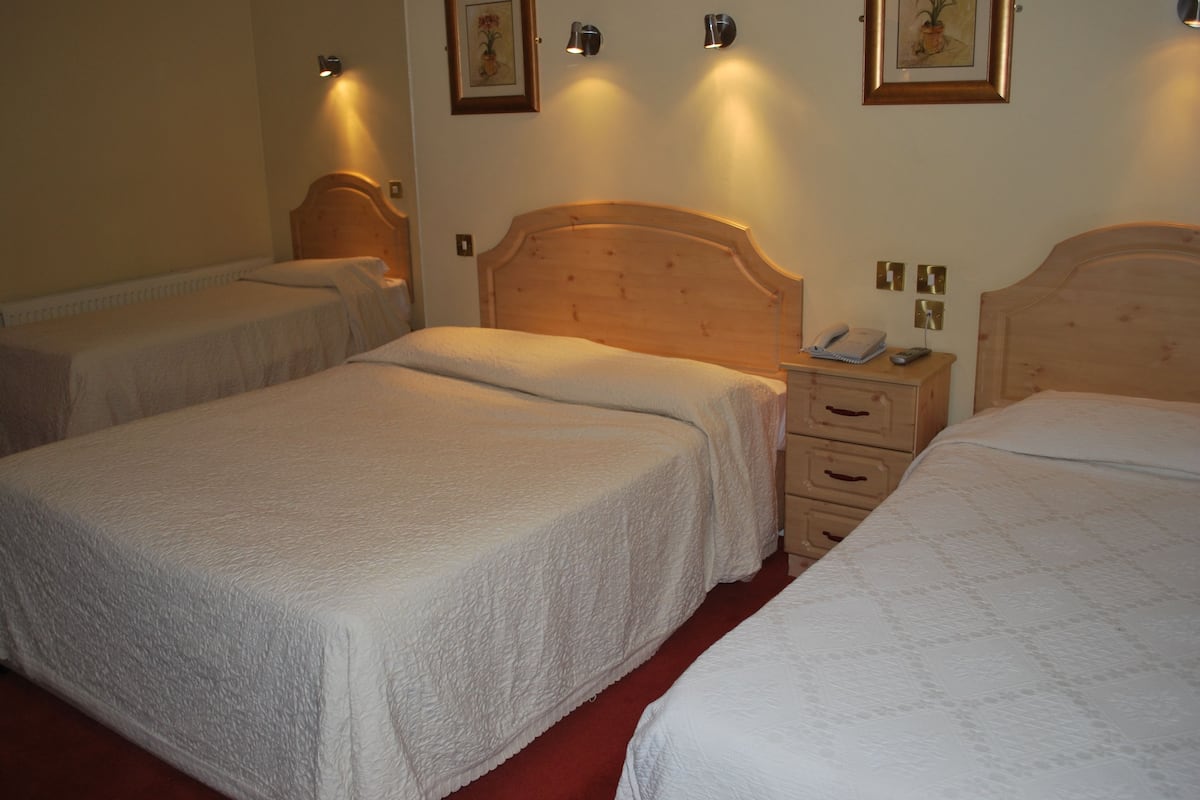 Une chambre d’hôtel avec trois lits simples, des têtes de lit en bois, des tables de chevet avec des lampes et une petite table de chevet avec un téléphone et un bloc-notes.