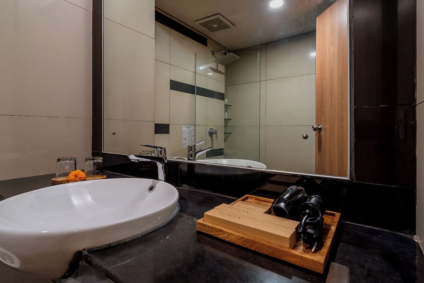 Combined shower/bathtub, rainfall showerhead, hair dryer, bidet