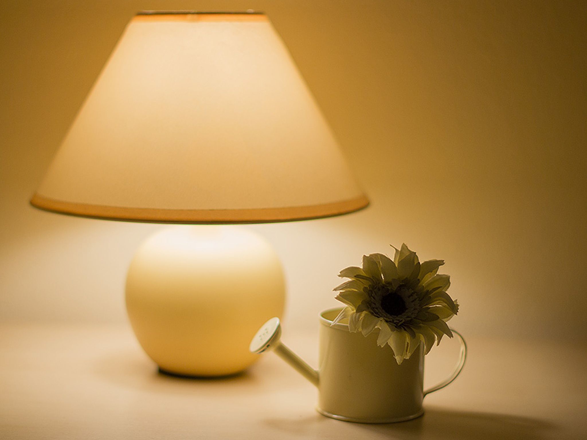 A lamp and a flower vase on a table.