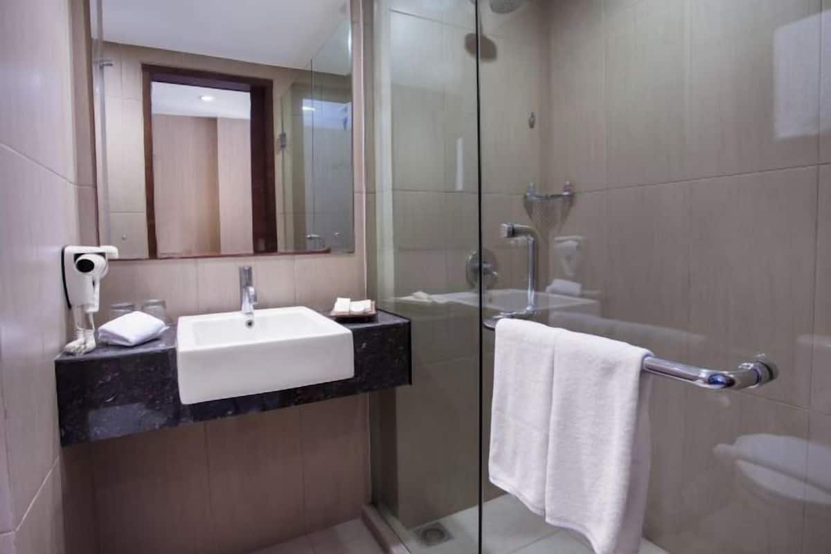 Shower, rainfall showerhead, free toiletries, hair dryer
