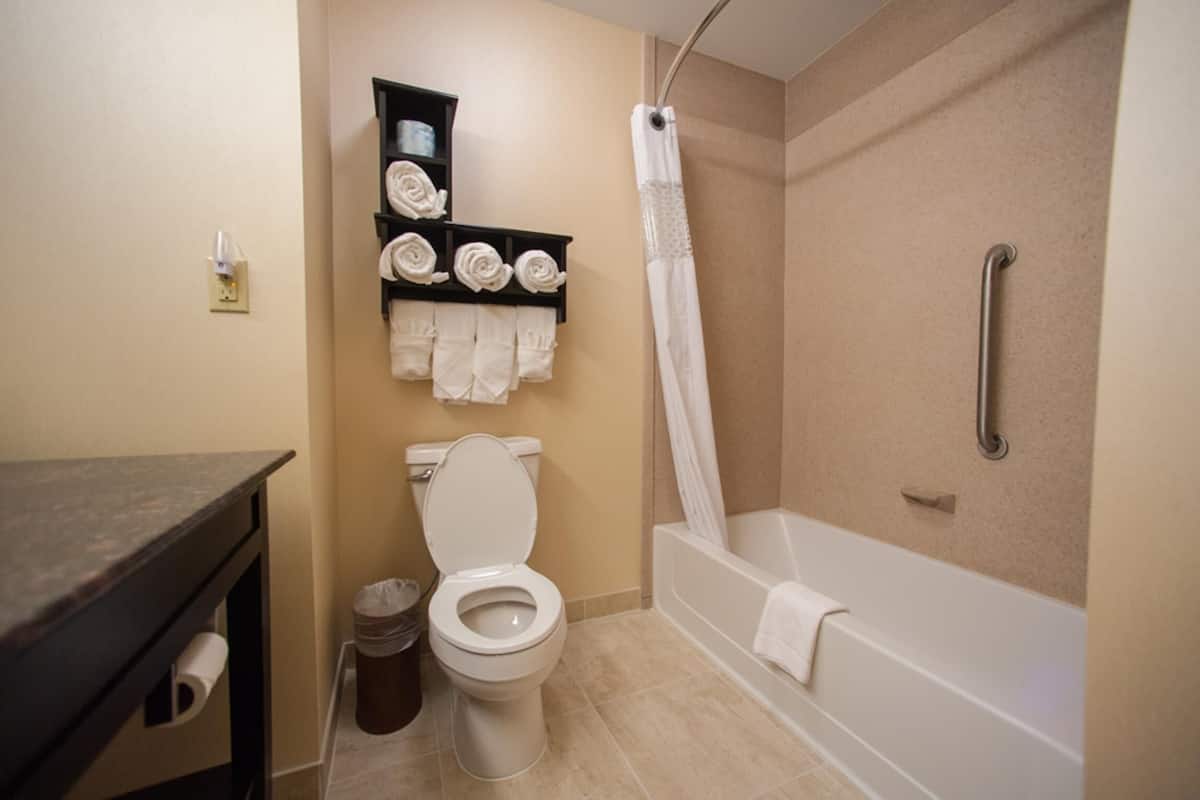 king suite, studio | bathroom | hair dryer, towels
