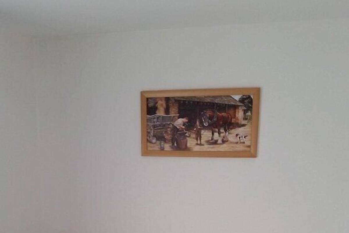 A bed with a blue blanket, a headboard, two nightstands with lamps, and a framed picture on the wall.
