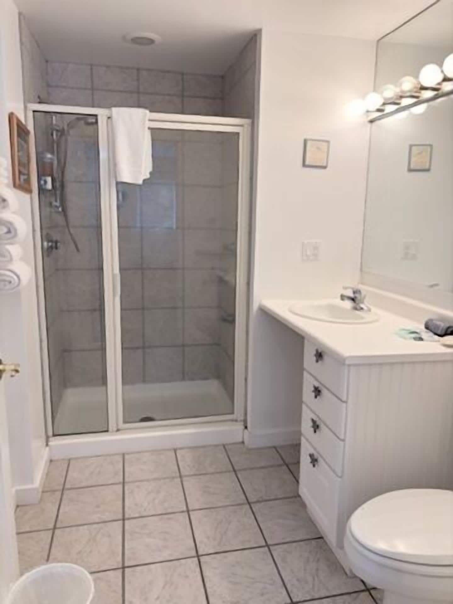 A bathroom with a glass-enclosed shower, a sink with a mirror, and a toilet.