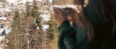A person overlooking a snowy mountain landscape with a village below.