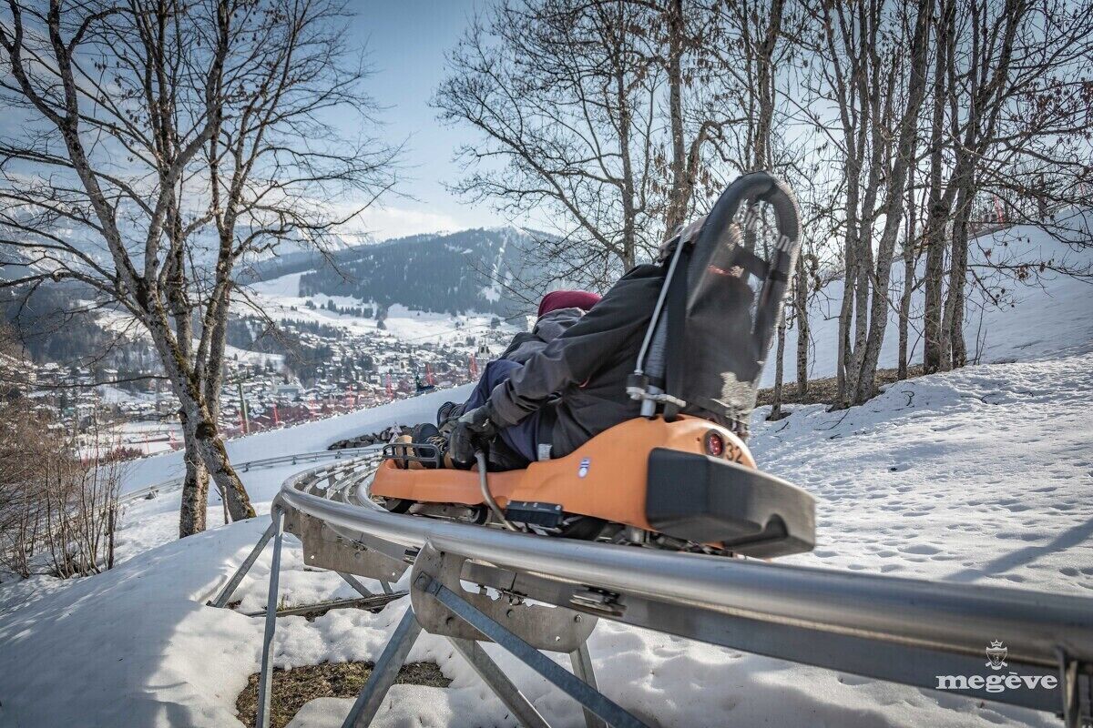 A snowmobile on a metal ramp with a snowy landscape and trees in the background.