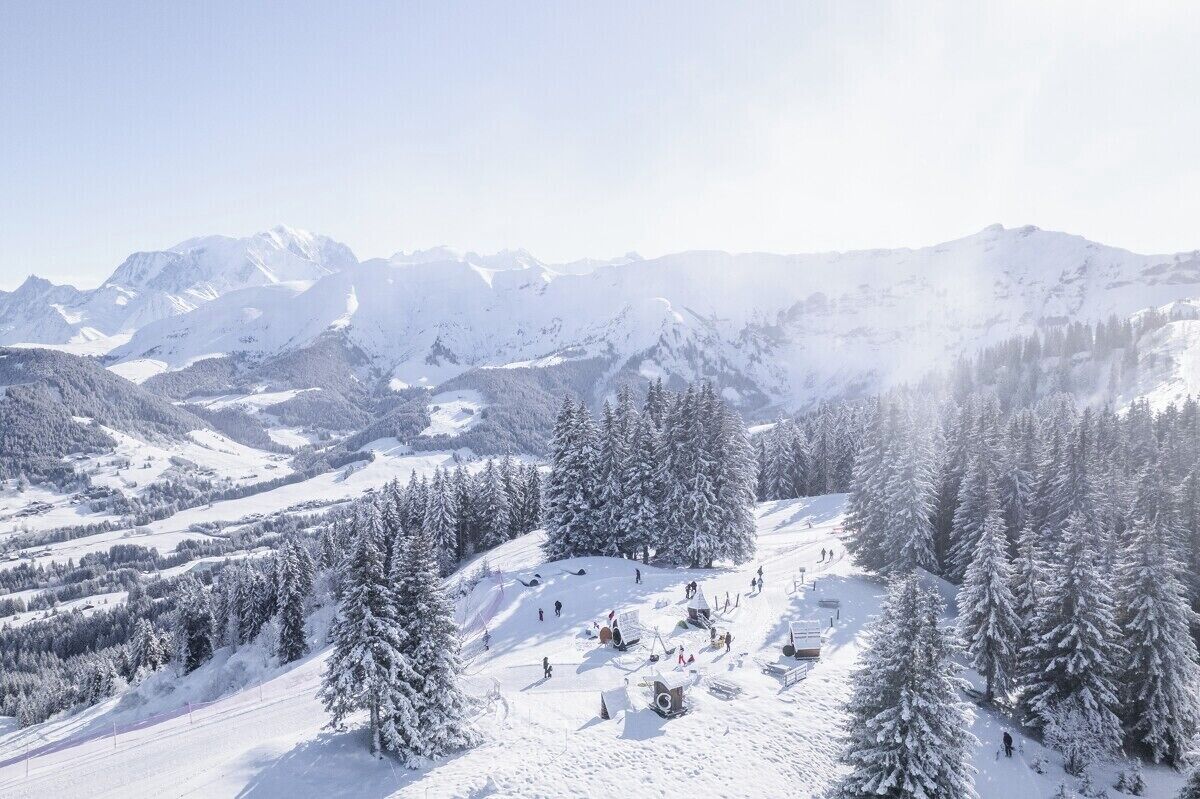 A snow-covered mountain landscape with ski slopes and trees.