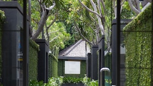 A corridor with a glass wall, lined with potted plants and a pathway leading to a building entrance.