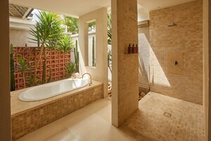 Separate tub and shower, free toiletries, hair dryer, bathrobes