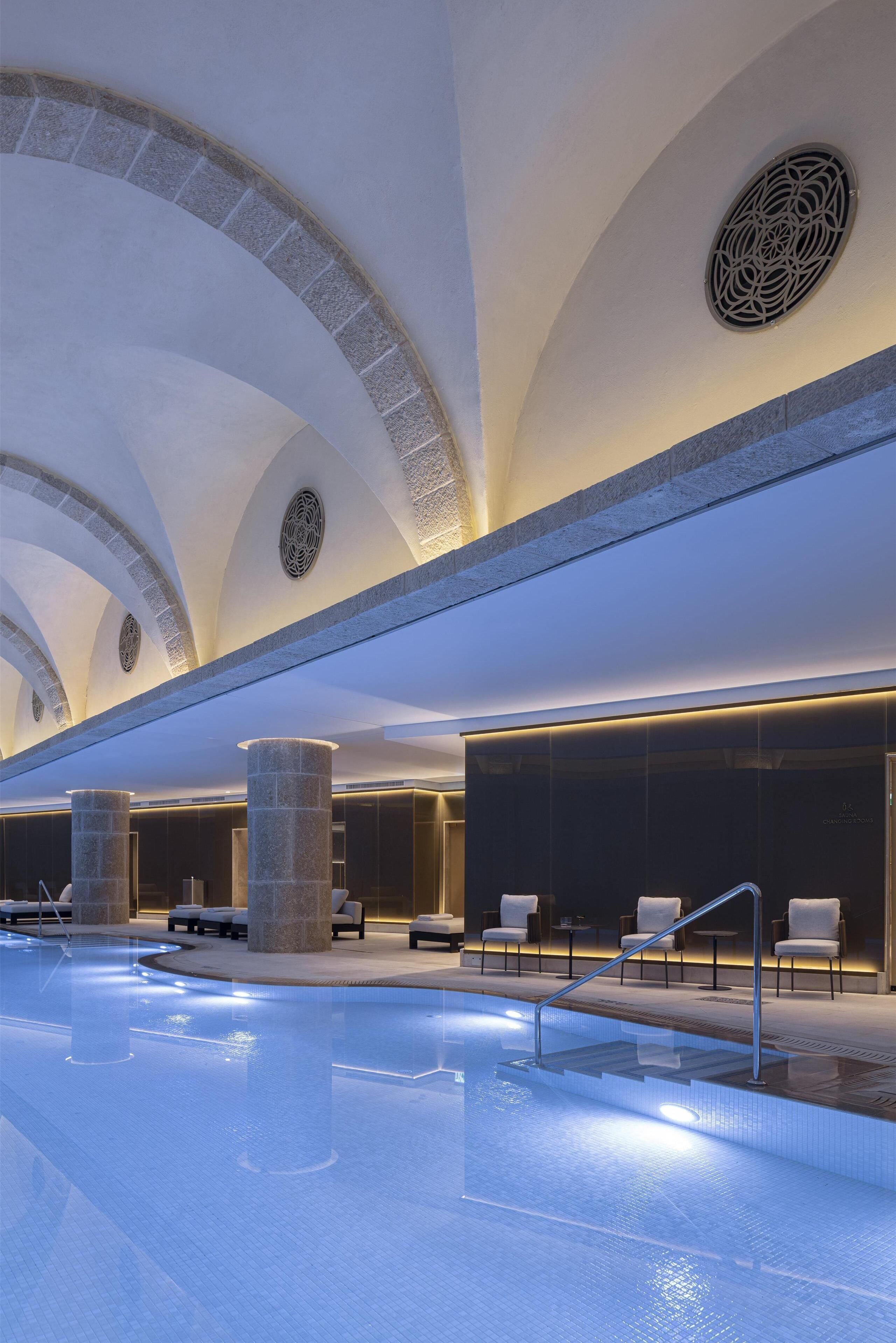 Indoor pool, open 7:00 AM to 7:00 PM, lifeguards on site