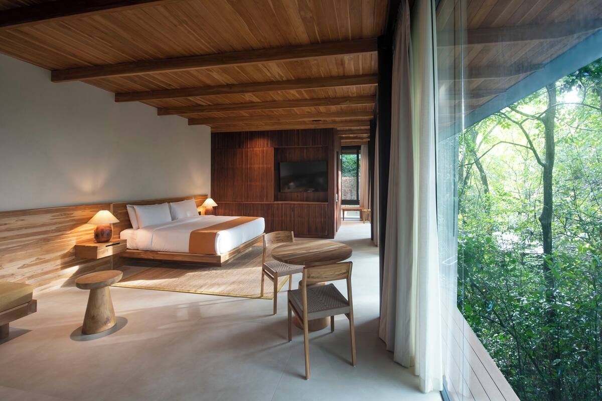 A modern bedroom with a wooden ceiling, a large bed, a bedside table with a lamp, a chair, and a view of greenery outside.