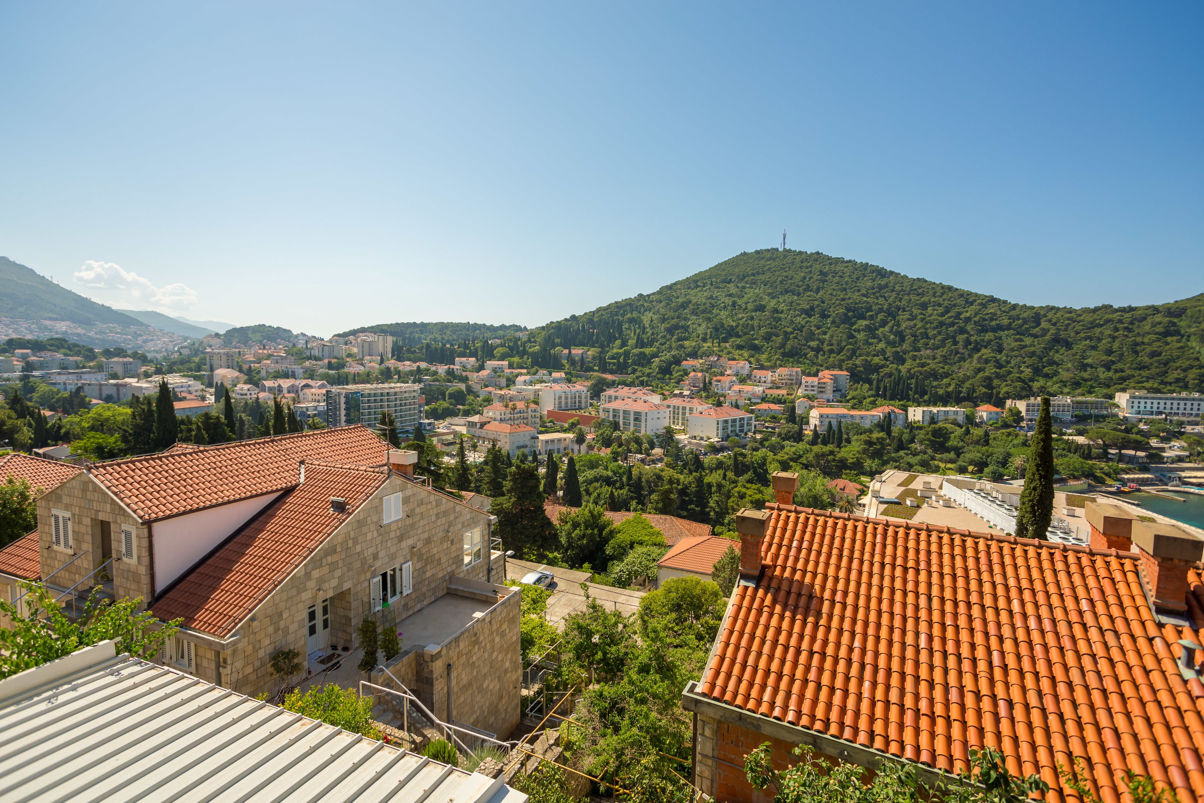 A cityscape with red-tiled roofs, a hill in the background, and a mix of residential and commercial buildings.