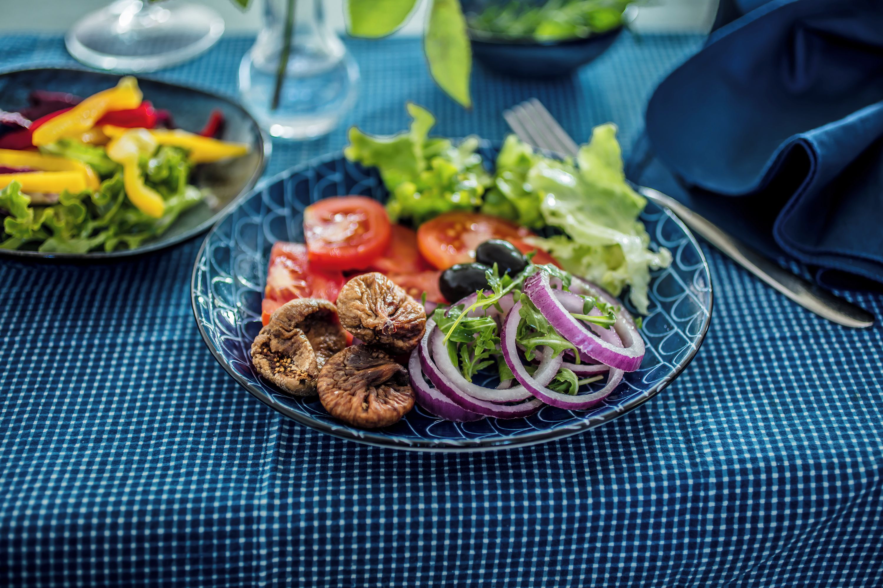 A table with a blue checkered tablecloth, a plate of food including tomatoes, onions, and greens, and a glass of water.