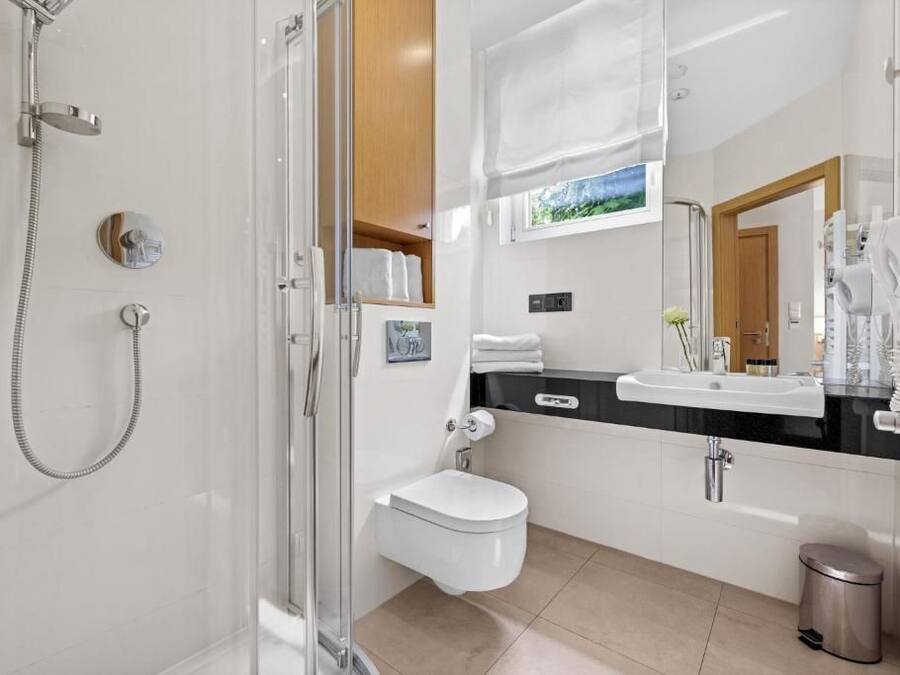 A modern bathroom with a glass-enclosed shower, a white toilet, a black countertop sink, and a mirror above the sink.