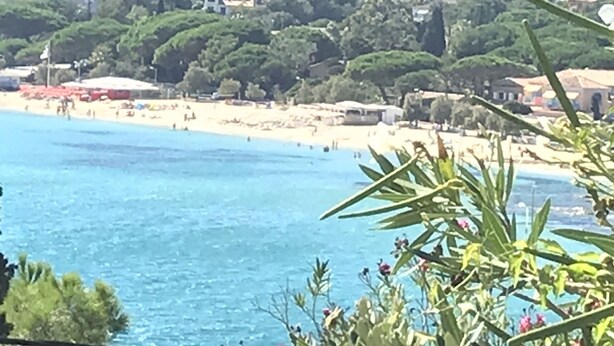 Un poble costaner amb platja, edificis i vegetació.