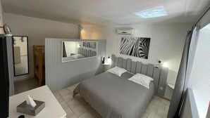 Un dormitori amb un llit, taules de nit, un mirall, un aparell d'aire condicionat i una obra d'art amb zebra a la paret.