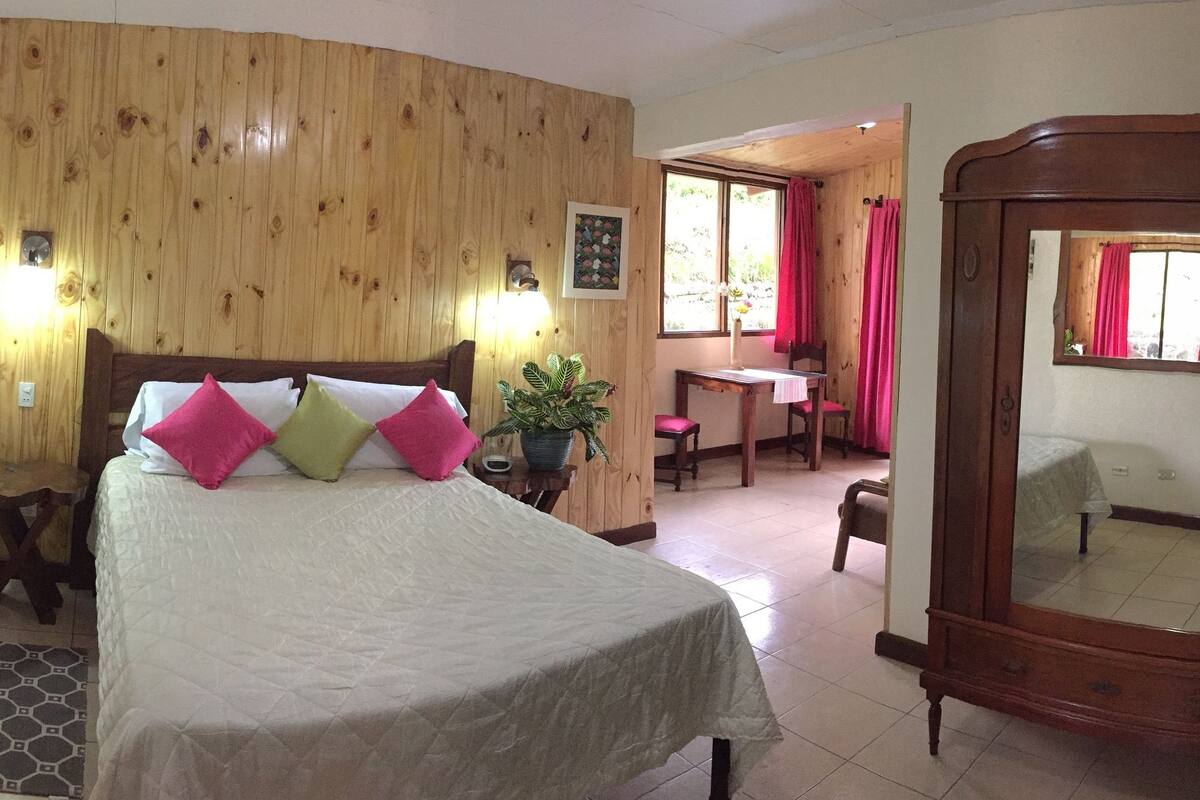 A bedroom with a bed, a wooden wardrobe, a mirror, a television, and a desk with a chair.