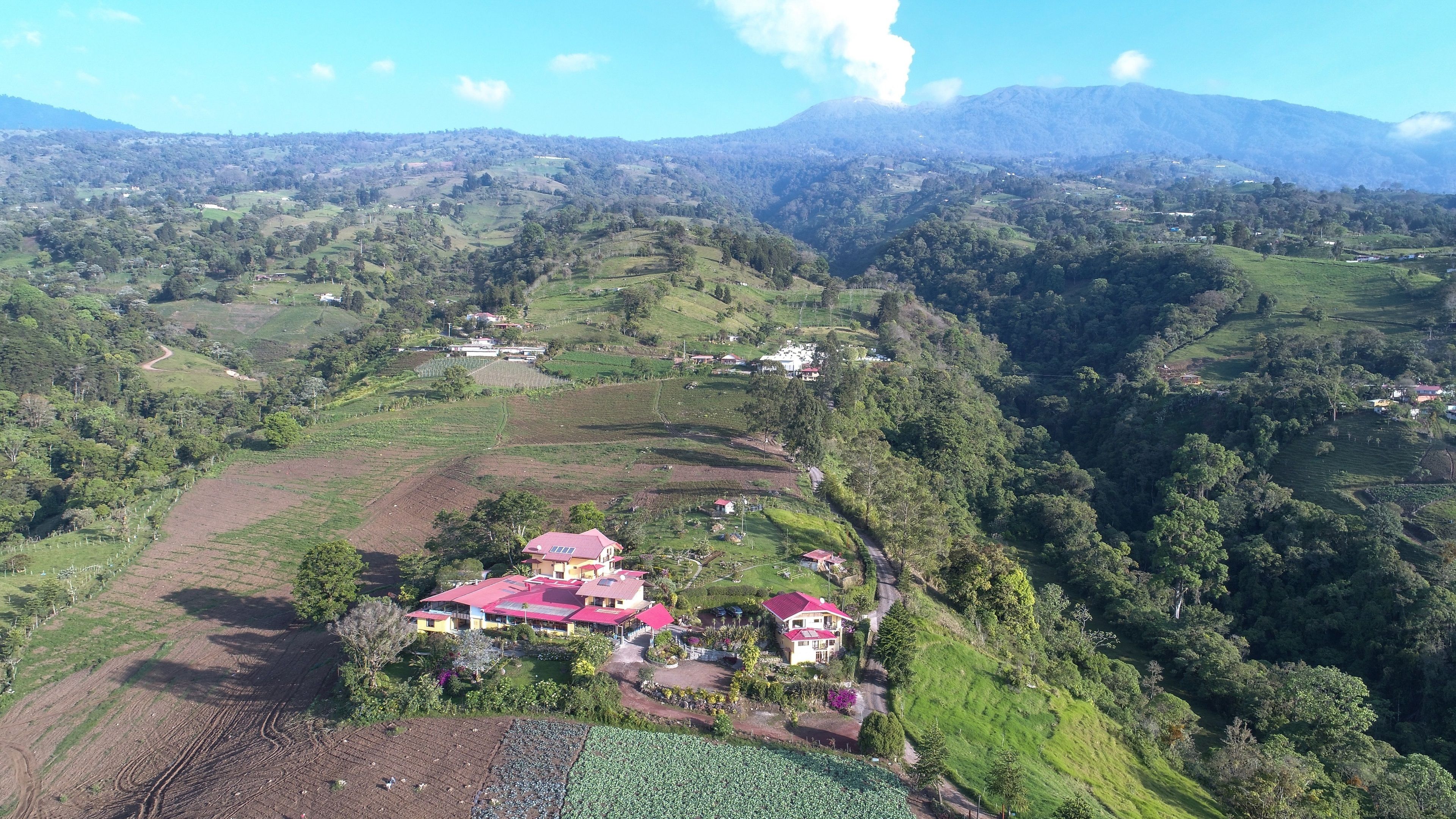 A rural landscape with terraced fields, a few houses with red roofs, and a mountain range in the background.