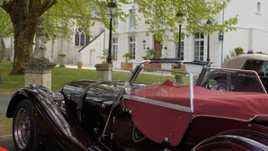 A vintage car parked in front of a building with a stone facade and a large tree.