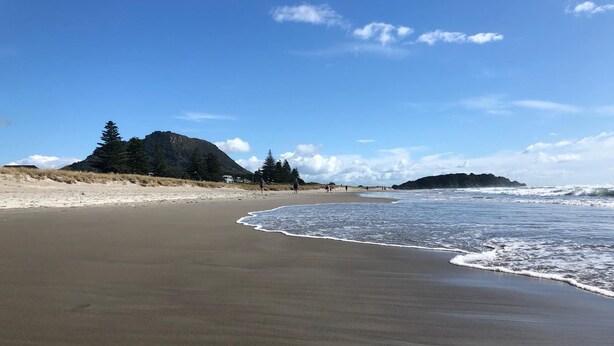 A wide sandy beach with gentle waves, a clear sky, and distant mountains. - Blue Haven Motel (Tauranga)