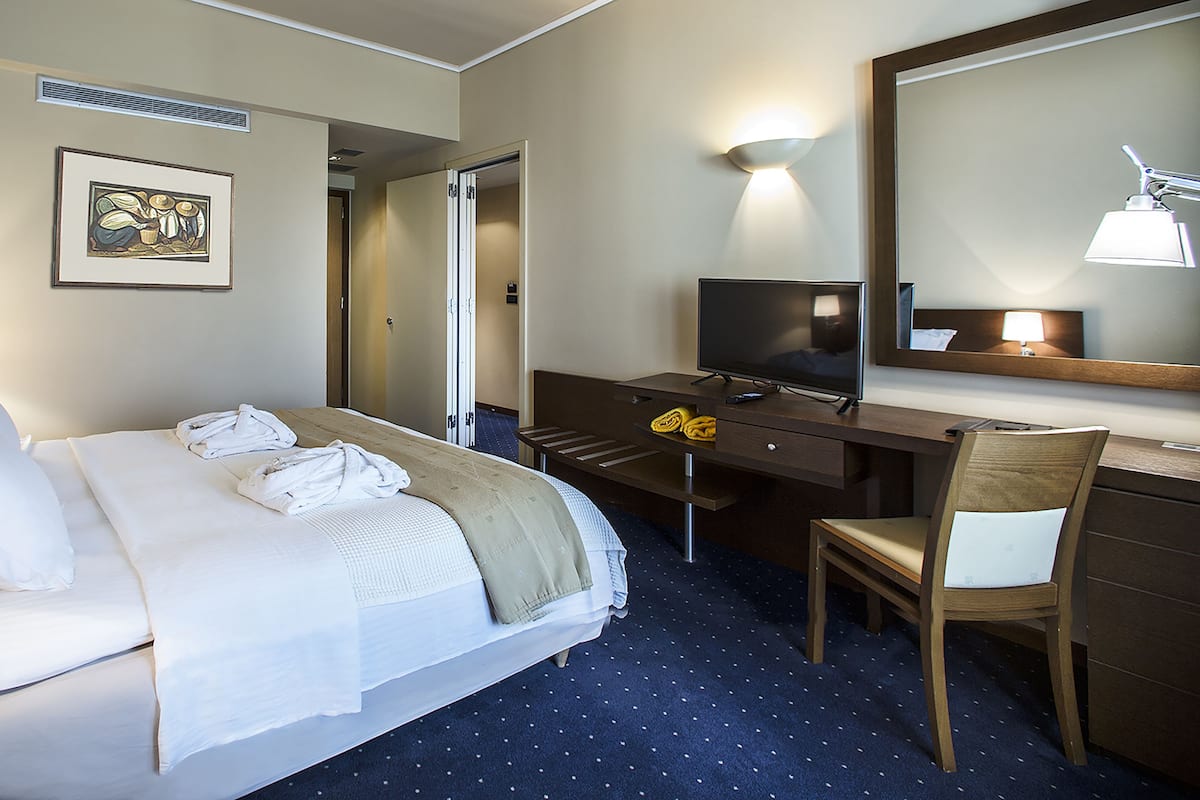 A hotel room with a bed, a desk, a chair, a television, and a mirror.