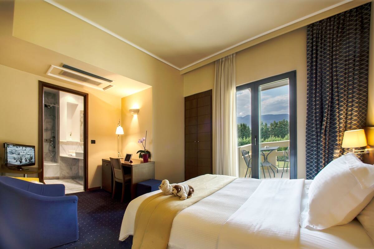 A hotel room with a bed, a desk, a chair, a television, and a balcony with a view.