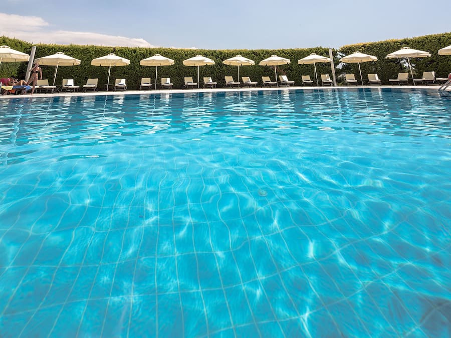 Outdoor pool, pool umbrellas, pool loungers