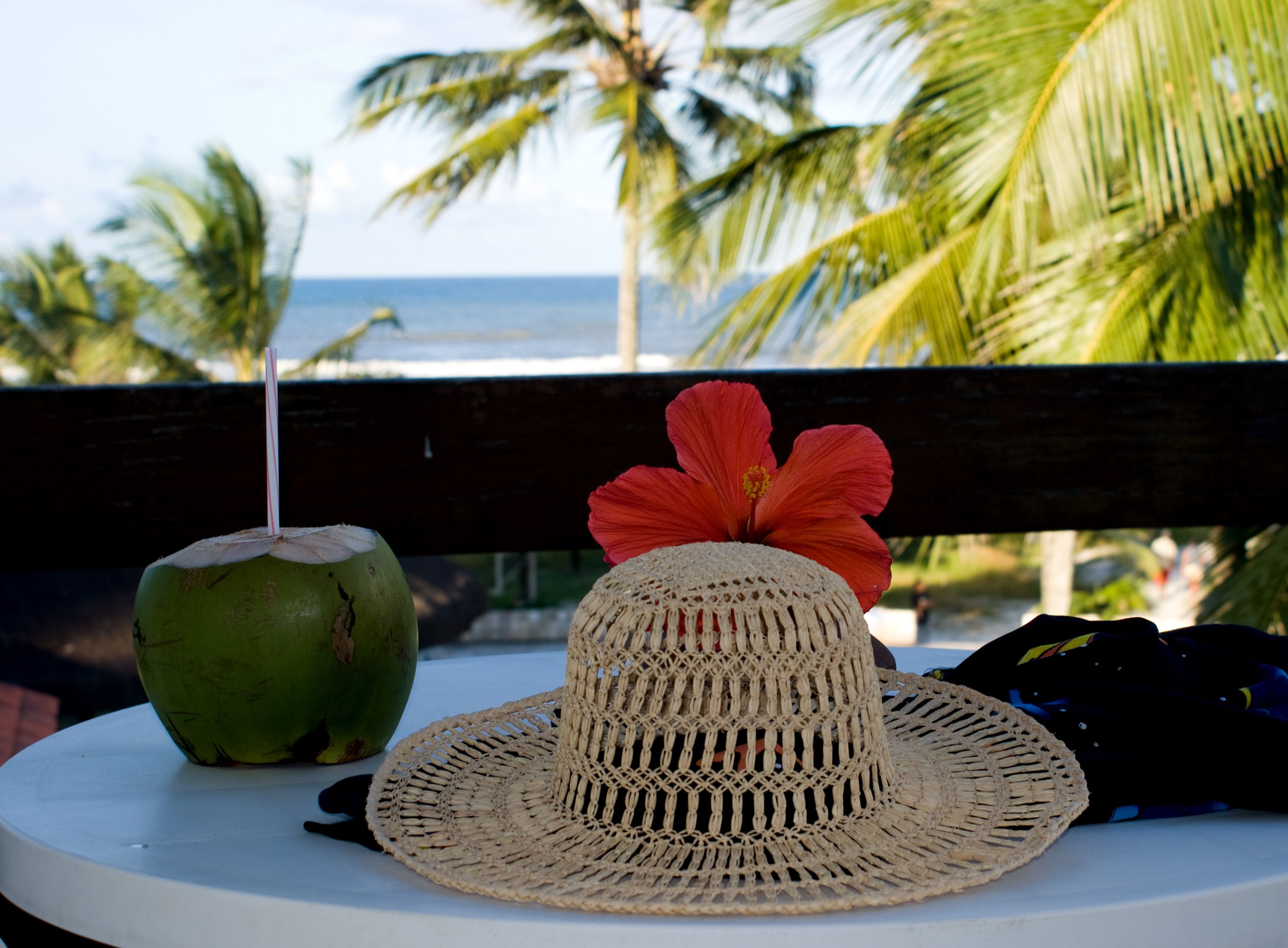 Un cappello di paglia, un cocco con una cannuccia e un fiore rosso su un tavolo con vista su palme e sull'oceano.