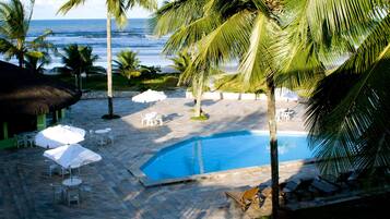 Outdoor pool, pool umbrellas, pool loungers