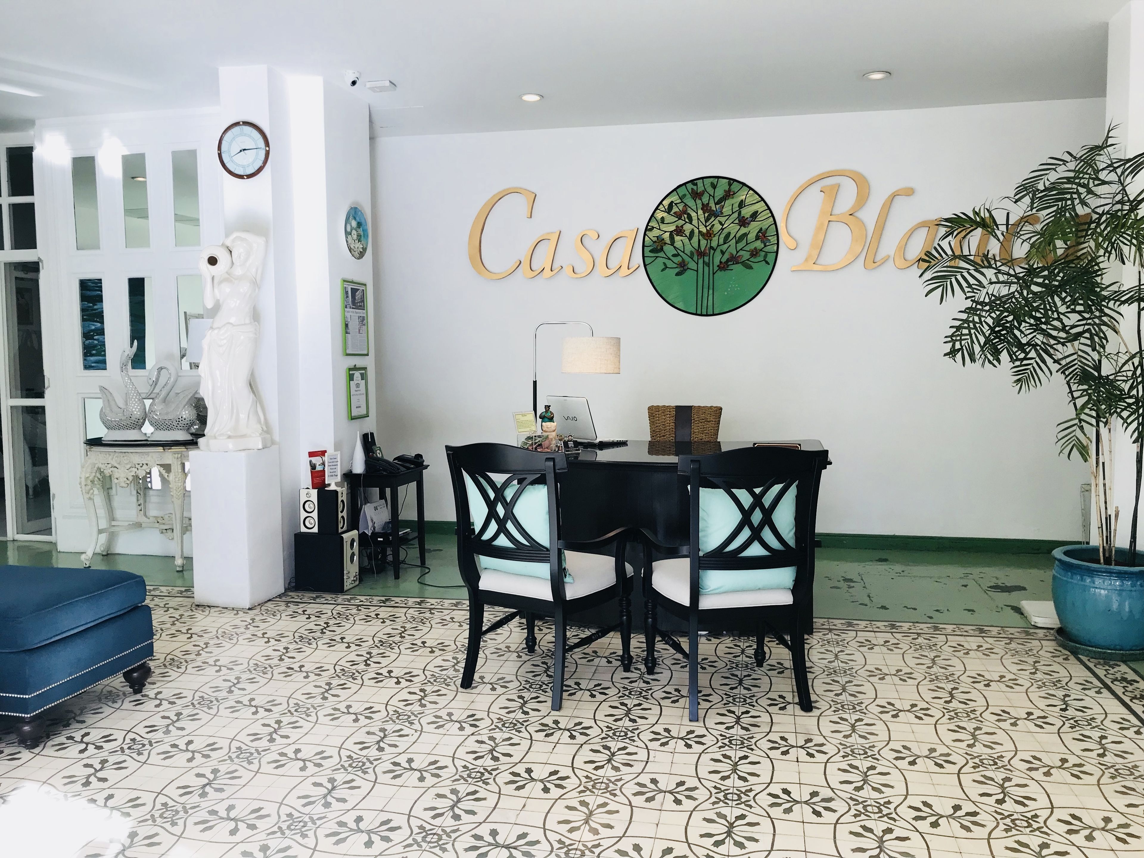 Un comedor con una mesa y sillas, una planta en maceta y una pared con el texto "CasaBlanco".