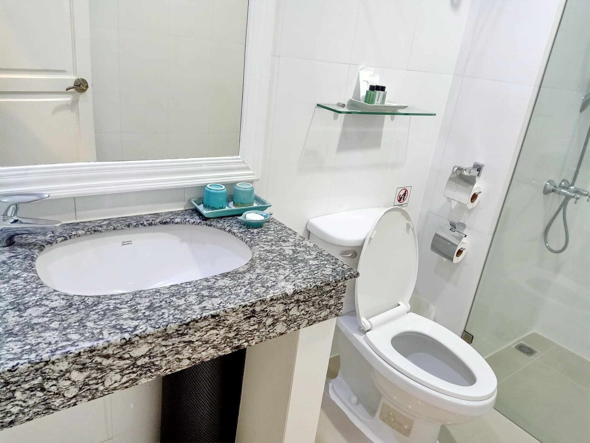 shower, free toiletries, hair dryer, slippers