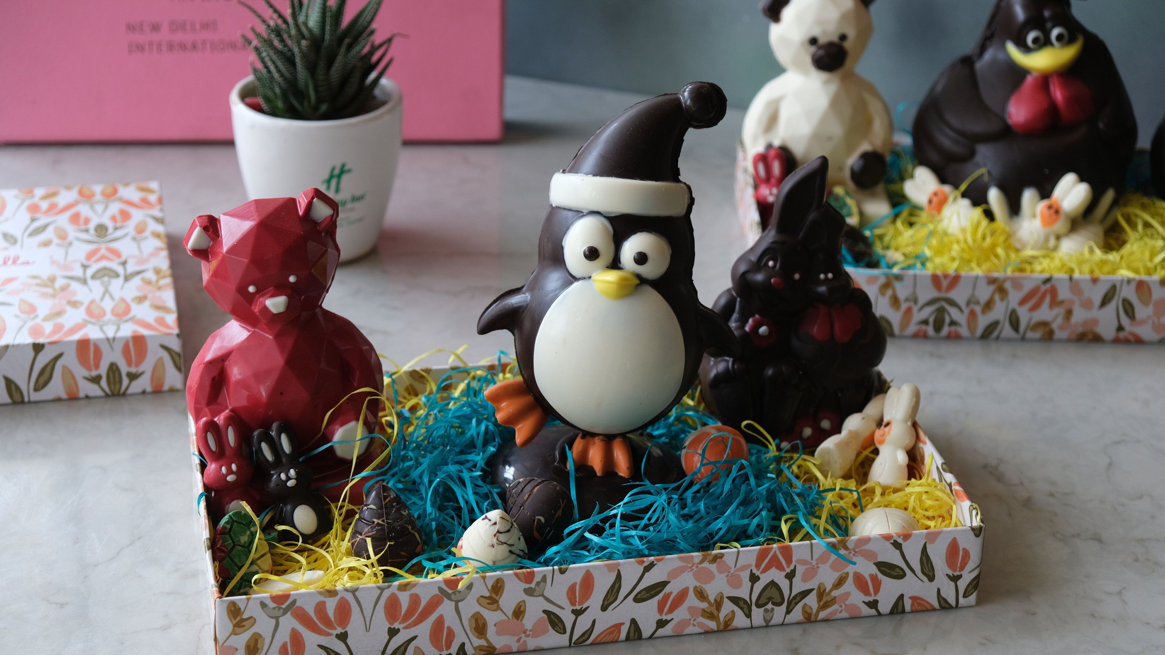 A box with chocolate figurines of animals and a penguin wearing a hat, surrounded by colorful shredded paper.