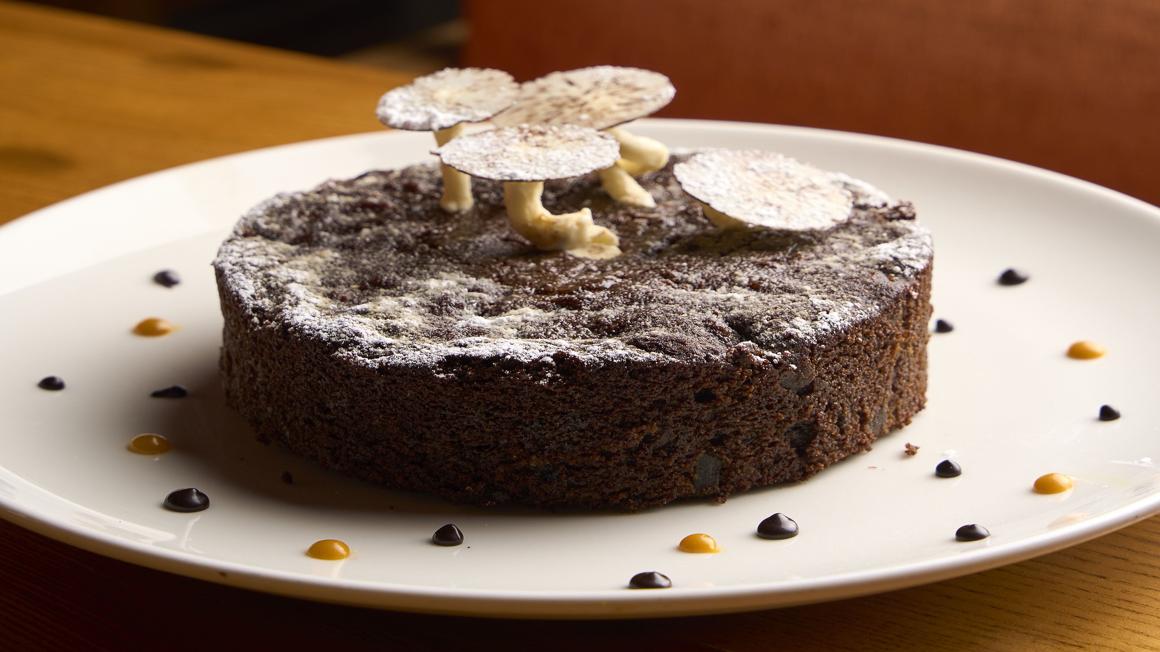 A round cake with a dusting of powdered sugar and chocolate shavings on a white plate.